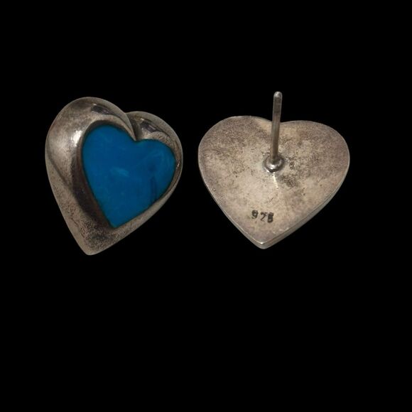 Vintage Turquoise Inlay Sterling Heart Stud Earrings - Picture 4 of 4